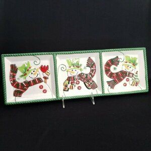 Fitz and Floyd Holly Hat Snowmen‎ Divided Dish 3 Section Serving Tray Pls READ